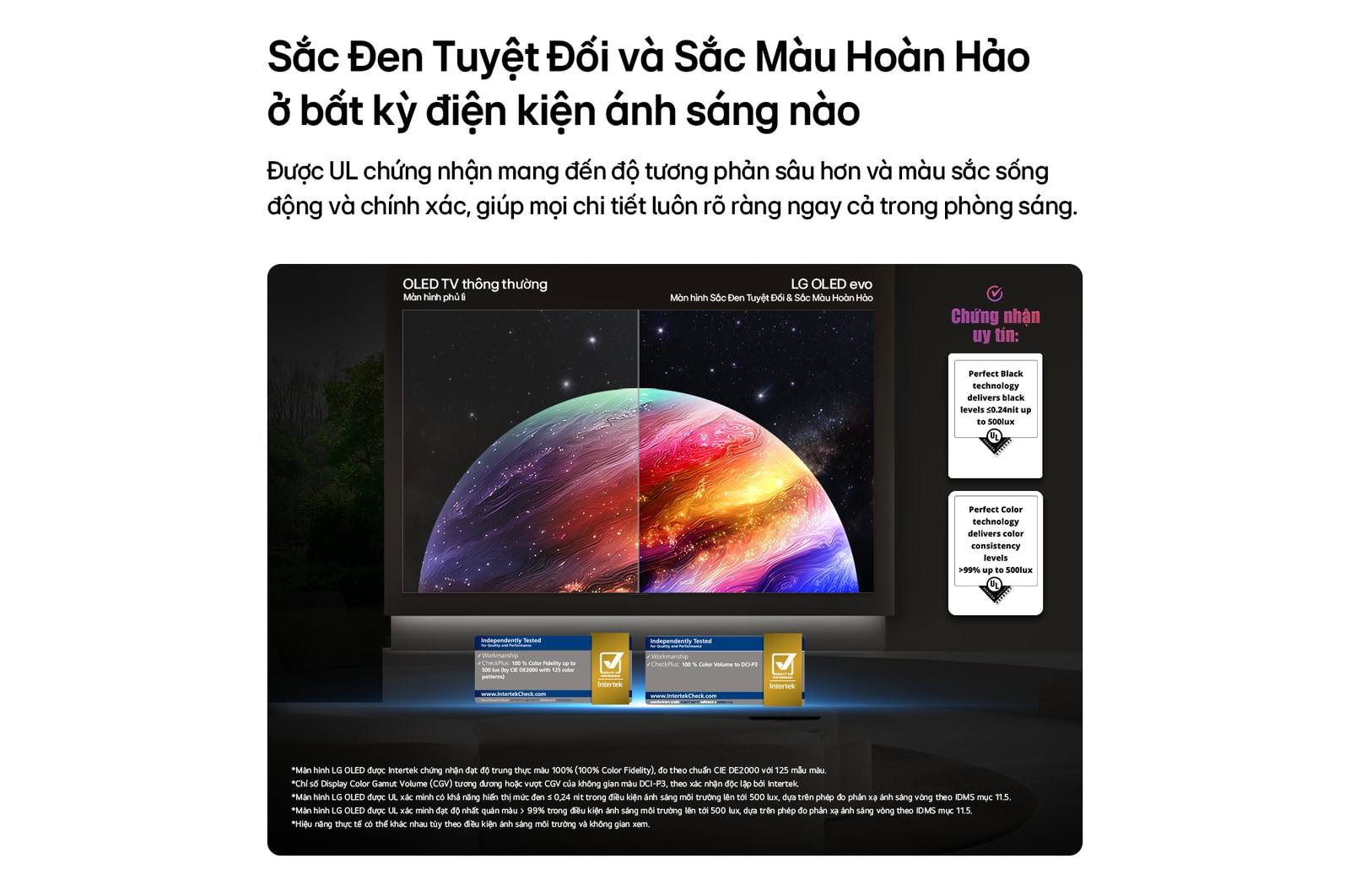 LG OLED evo AI G6 shows a split-screen planet-and-stars scene, comparing an anti-glare matte display with its Perfect Black & Perfect Color display for clearer picture quality in any light, supported by UL certification and Intertek certifications for color accuracy and Reflection-Free.
